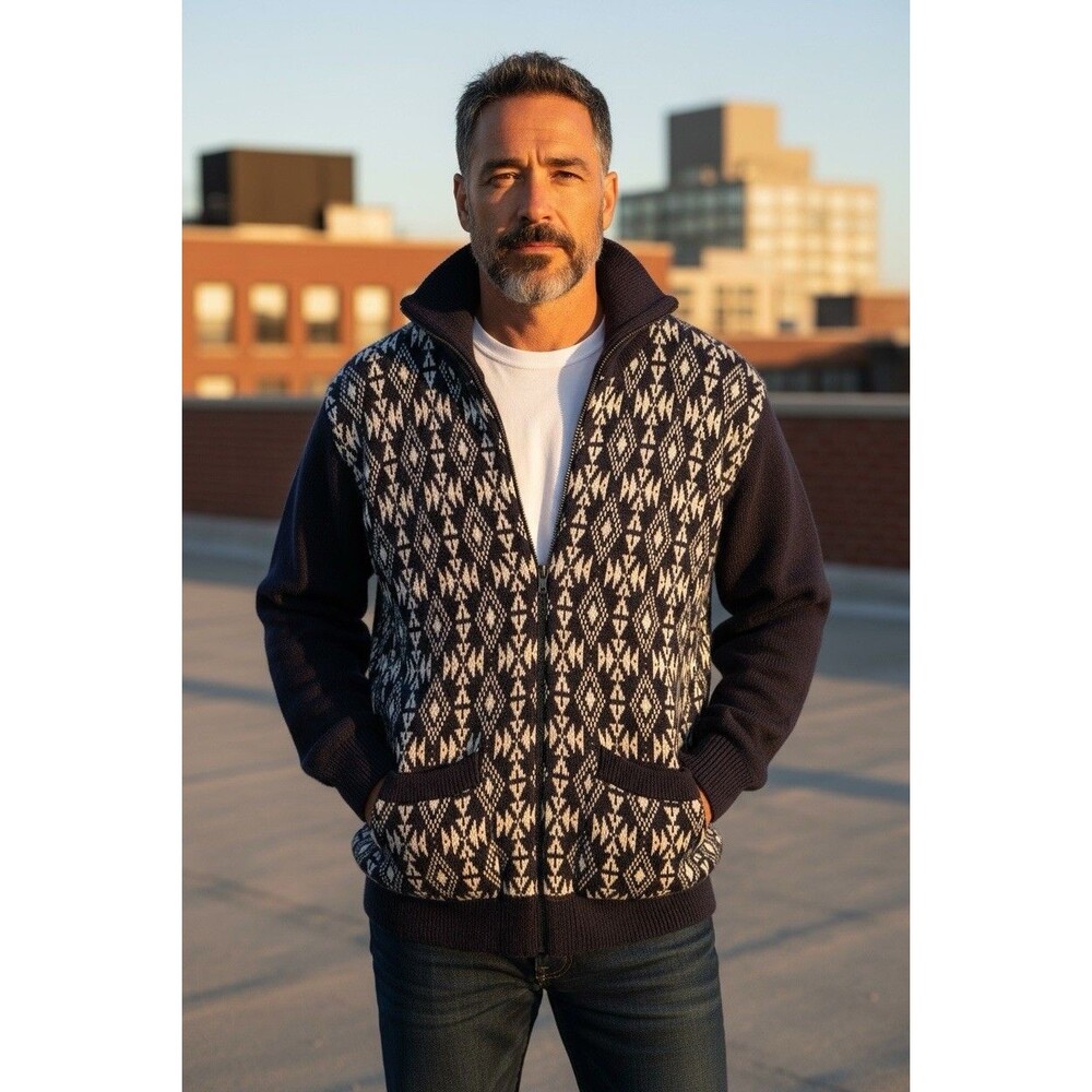 Vintage Nordic Cardigan Sweater Mens Large Blue Knit Zip Up Large Trails End